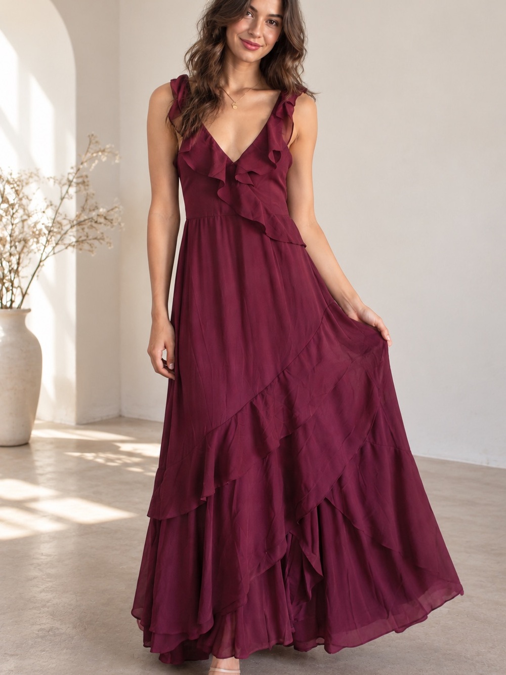 Women's Burgundy Ruffle V-Neck Maxi Dress